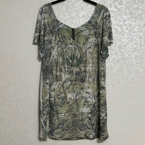 Lady Noiz Rhinestone Peace Sign Green Tunic Top Blouse Boho Hippie Sz L - Picture 1 of 5